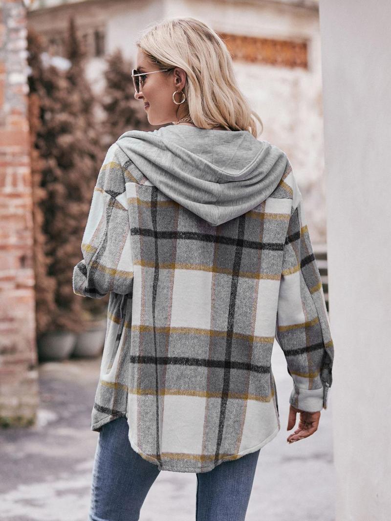 Product Introduction of Women's Plaid Print Button Front Drawstring Hooded Coat, Casual Drop Shoulder Long Sleeve Pocket Outerwear for Fall & Winter, Ladies Clothes for Daily Wear 9