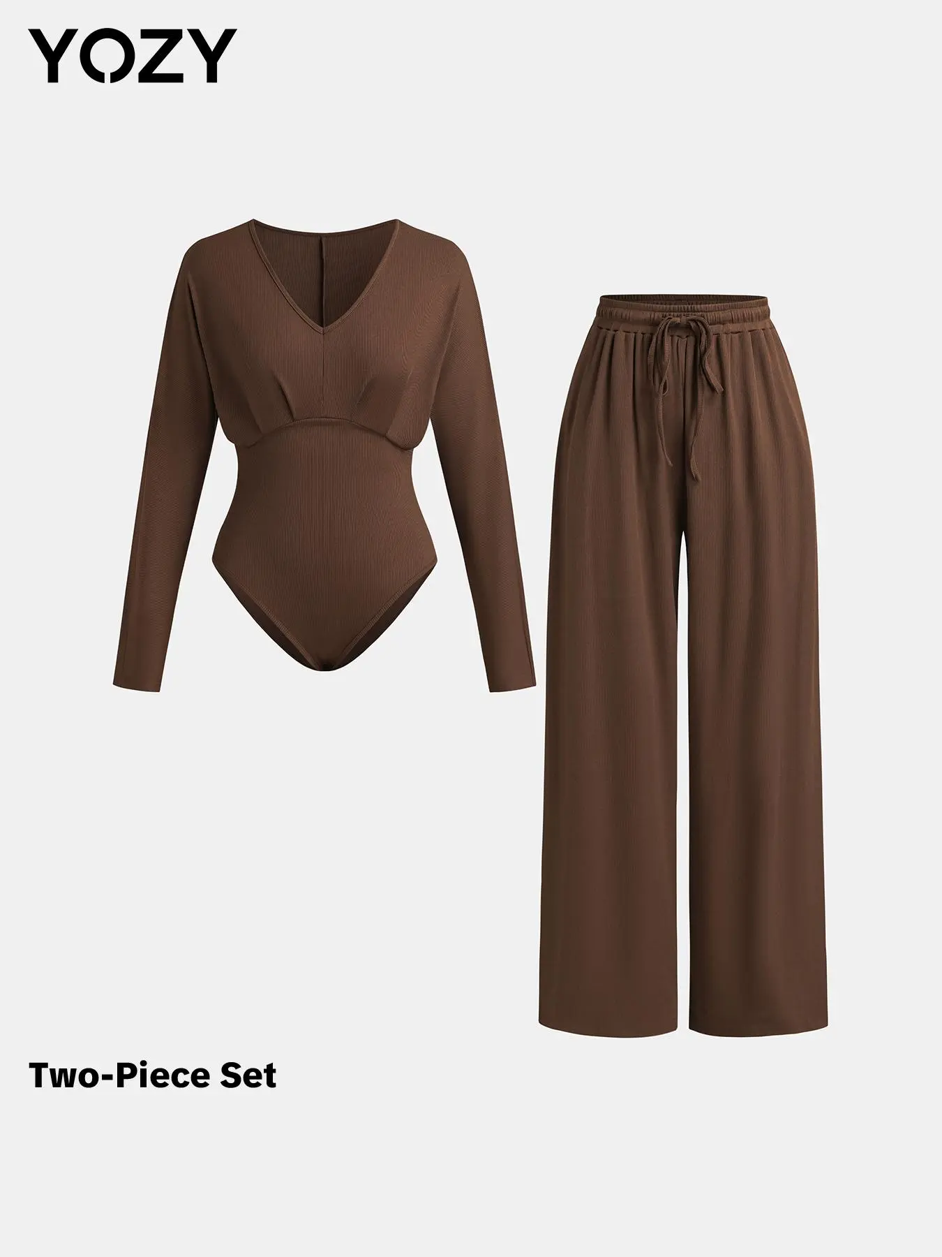 Yozy Women's Solid Batwing Sleeve V Neck Ribbed Bodysuit & Drawstring Waist Pants Two-piece Set, Casual Fashion Cozy Two Piece Outfits for Daily Outdoor Wear, Ladies Clothes for All Seasons