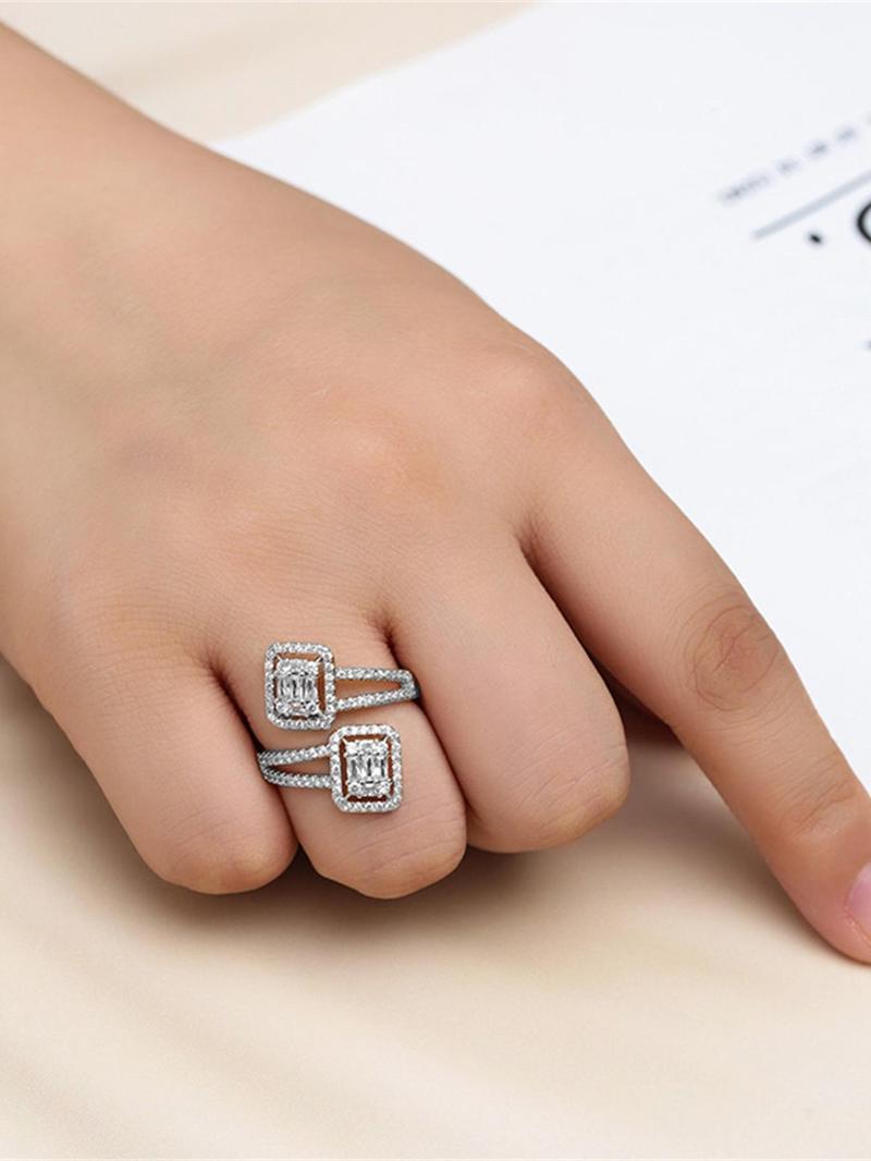 Product Introduction of Luxury Rhinestone Decorated Square Design Cuff Ring, Fashion Jewelry Accessories for Women, Engagement Wedding Anniversary Party Holiday Jewelry Gifts 11