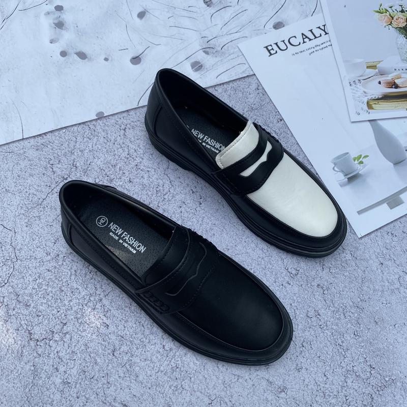 Giày nam Sơn Tùng Penny Loafer Black White Vanus Store, giày lười nam mũi tròn 2 màu đen trắng sang trọng, giày da nam nguyên tấm đế cao su 3cm