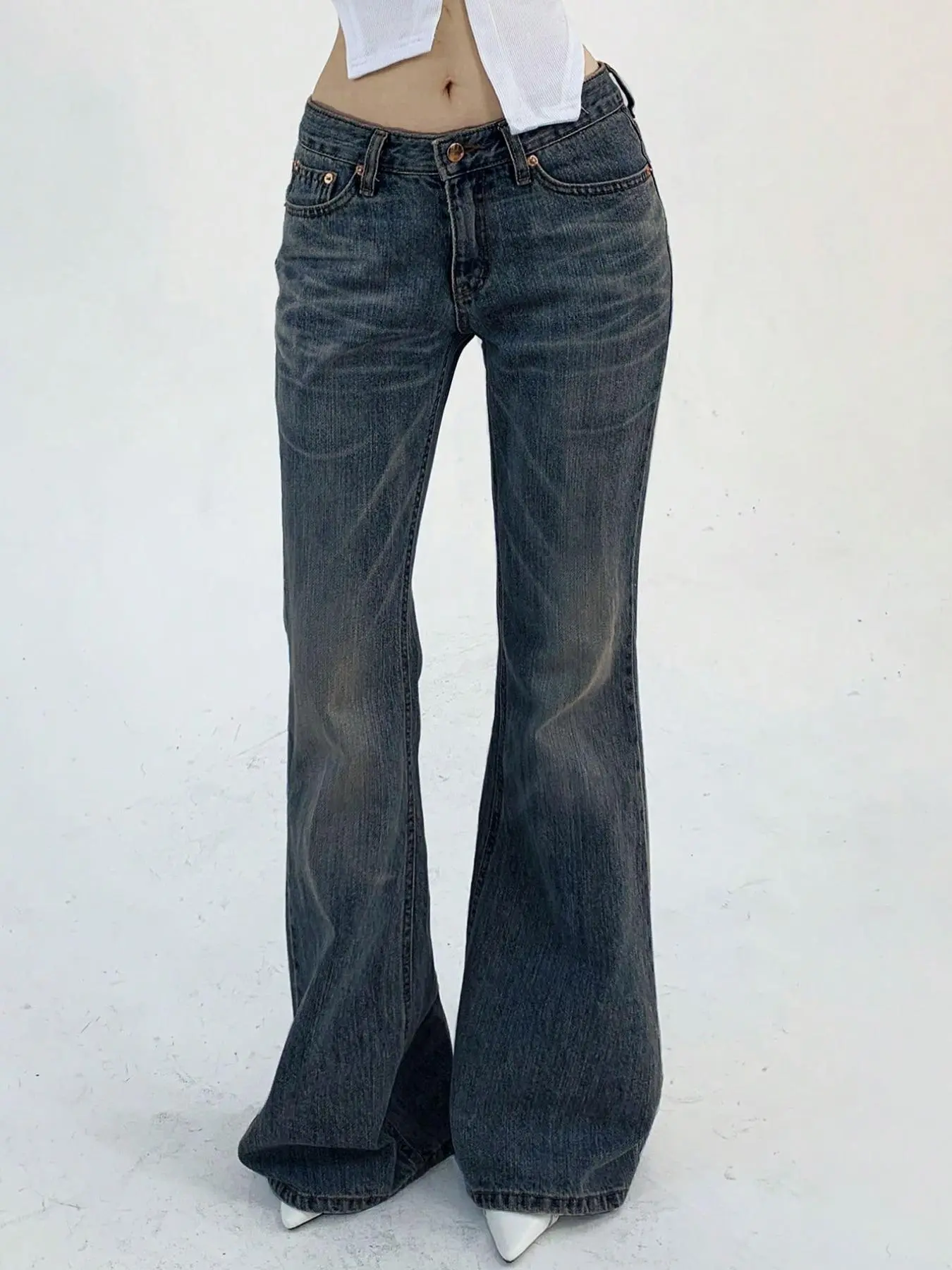 Women's Plain Flare Leg Jeans, Casual Fashion Pocket Design Denim Trousers for Daily Outdoor Wear, Ladies Bottoms for Summer