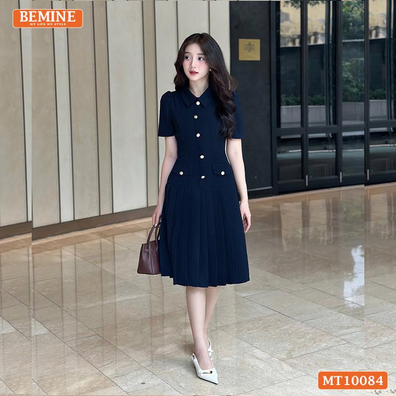 Đầm thiết kế BEMINE cổ đức đính cúc dáng chữ A tùng váy đuôi cá xếp ly phù hợp đi làm, đi tiệc-MT10084