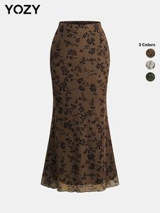 YOZY Women's Floral Print Elastic Waist Mermaid Skirt, Elegant High Waist Long Skirt for Party Holiday Wedding Guest, Ladies Fall & Winter Bottoms, Fall & Winter Clothes