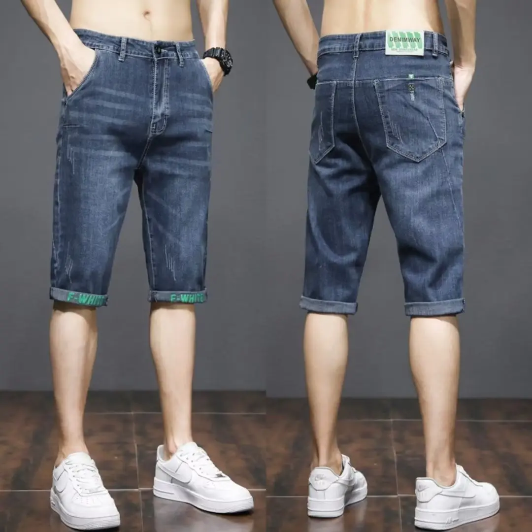 Summer Thin Cropped Denim Shorts Men's Korean-Style Fashion Ripped Slim Fit Casual Fashion Brand Pants Men's Cropped Breeches