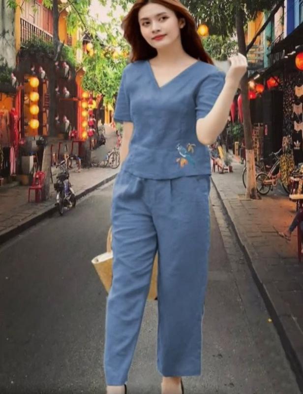  Đồ Bộ Trung Niên Nữ Đồ Đũi Cao Cấp Áo Cộc Cổ Tim Quần Ống Suông Nữ Mã M1 