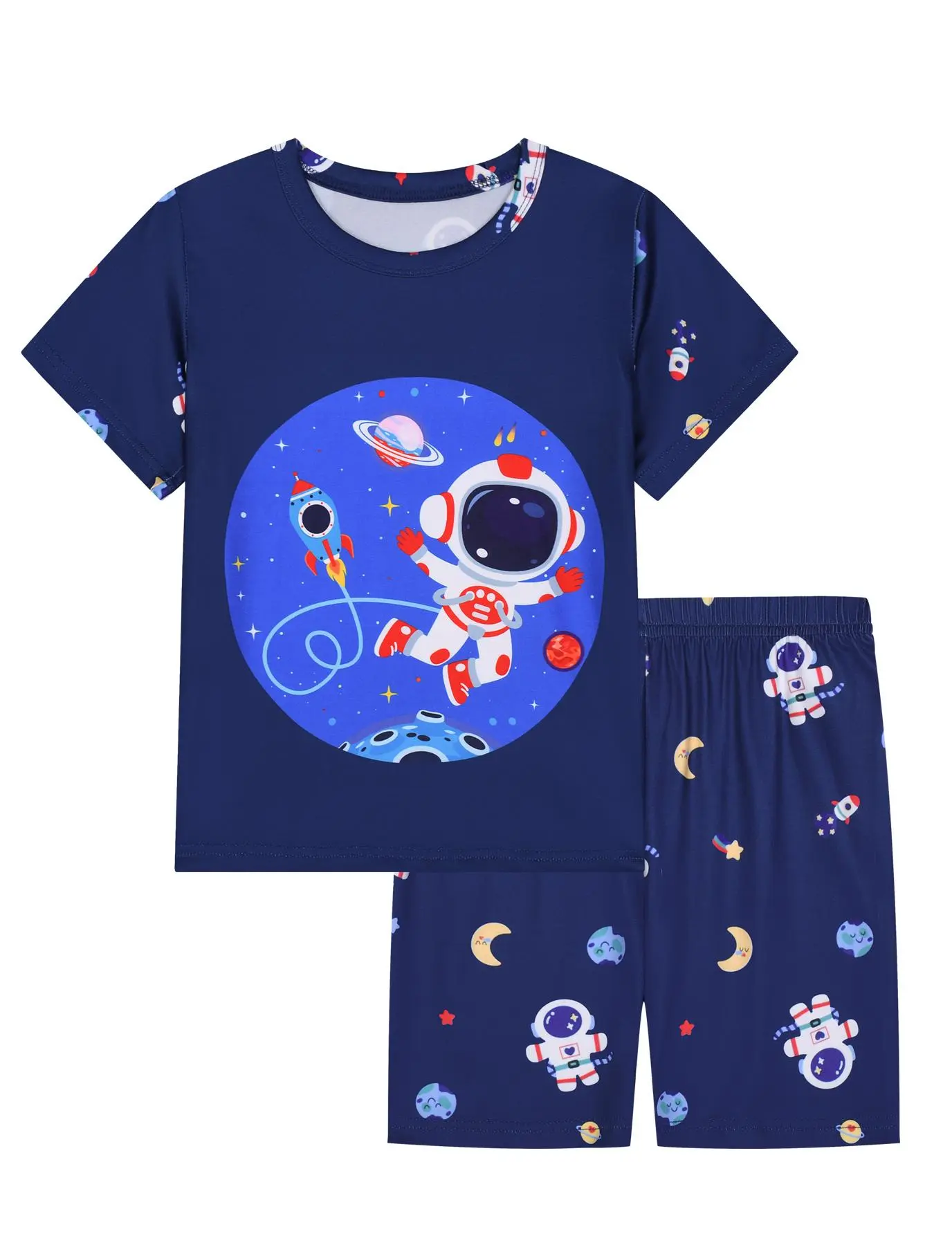 Boy's Cartoon Astronaut Print Crew Neck Tee & Elastic Waist Shorts Pajama Two-piece Set, Casual Comfy Round Neck Short Sleeve T-shirt & Shorts Pj Set, Kids Sleepwear for Summer, Pajamas