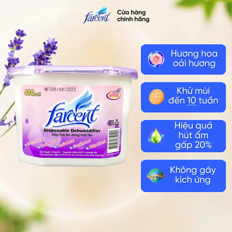 Hộp hút ẩm khử mùi, chống mốc chính hãng Farcent Hương Hoa Hồng/Oải Hương 500ml để tủ quần áo, tủ giày, toilet, xe ô tô 1