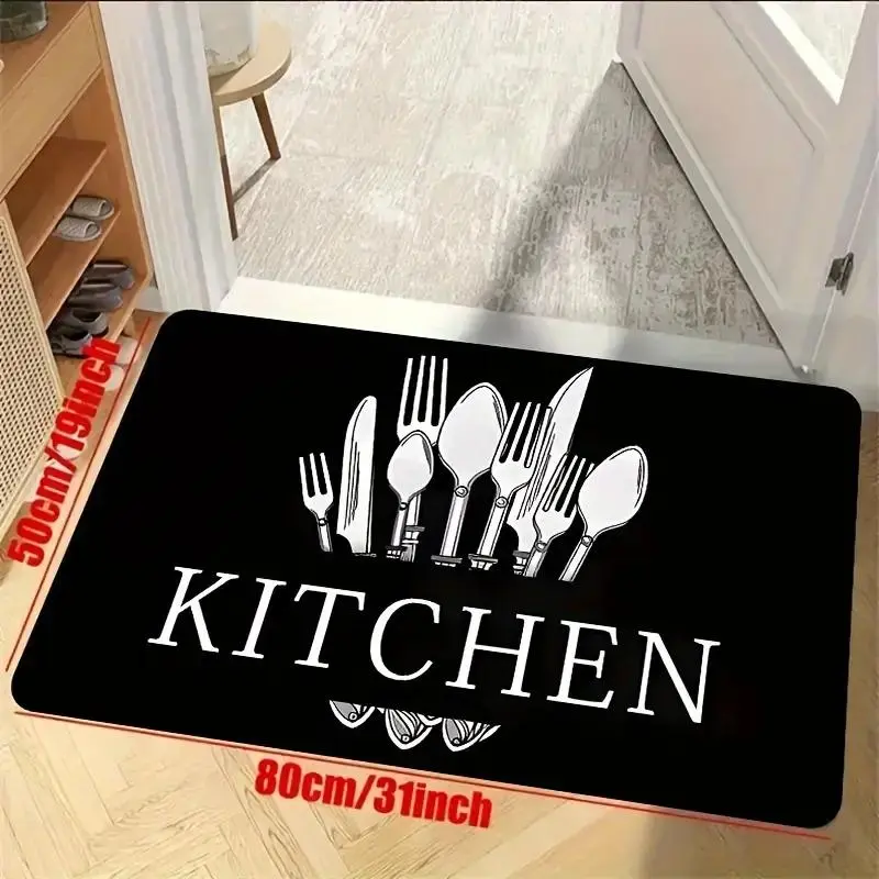 Letter & Cutlery Pattern Kitchen Floor Mat, 1 Count Non-slip Kitchen Mat, Comfortable Machine Washable Floor Mat for Home Laundry Room Bathroom Christmas Decor, Christmas Gifts, Christmas Decorations 3