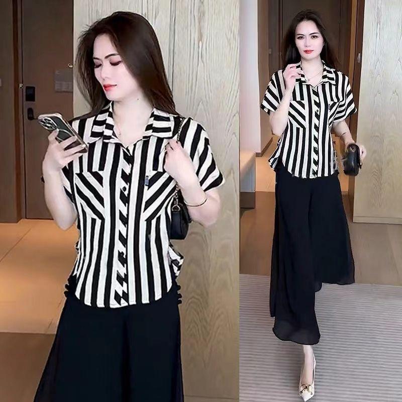Áo Sơ Mi ngắn Tay Sọc, Hợp Xu hướng, Dành Cho Phụ Nữ, Thời Trang Mới Mùa Hè, Phong Cách Mẹ, Áo Bó Sát Áo Mặc Bên Ngoài Sành Điệu, Áo Cánh ống loại thẳng đóng cúc áo cánh & áo sơ mi kute đính charm áo cánh & áo sơ mi uniq  lovietnam Quần Bò Jeans giặt bằng 2