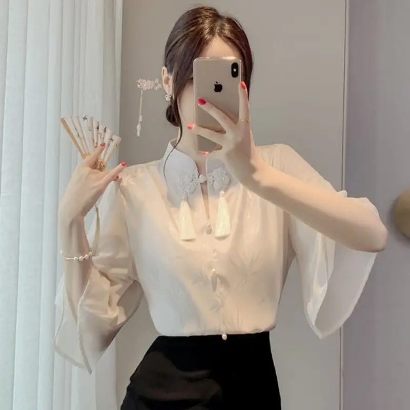Áo Cánh Phong Cách Trung Quốc Dành Cho Phụ Nữ, Dáng Rộng Vừa Vặn, ngắn Tay Áo, Áo Sơ Mi Trắng, Ngoại Cỡ, Thời Trang, Thanh Lịch, Áo Cổ Điển 4