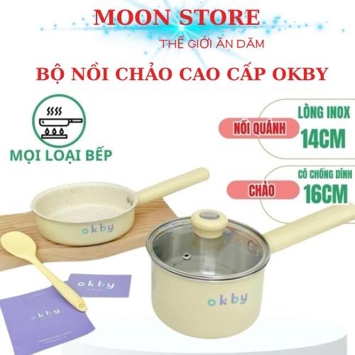 Bộ nồi chảo cao cấp OKBY nấu đồ ăn dặm cho bé, Nồi Inox 14cm, Chảo chống dính 16cm - Tặng phới silicon