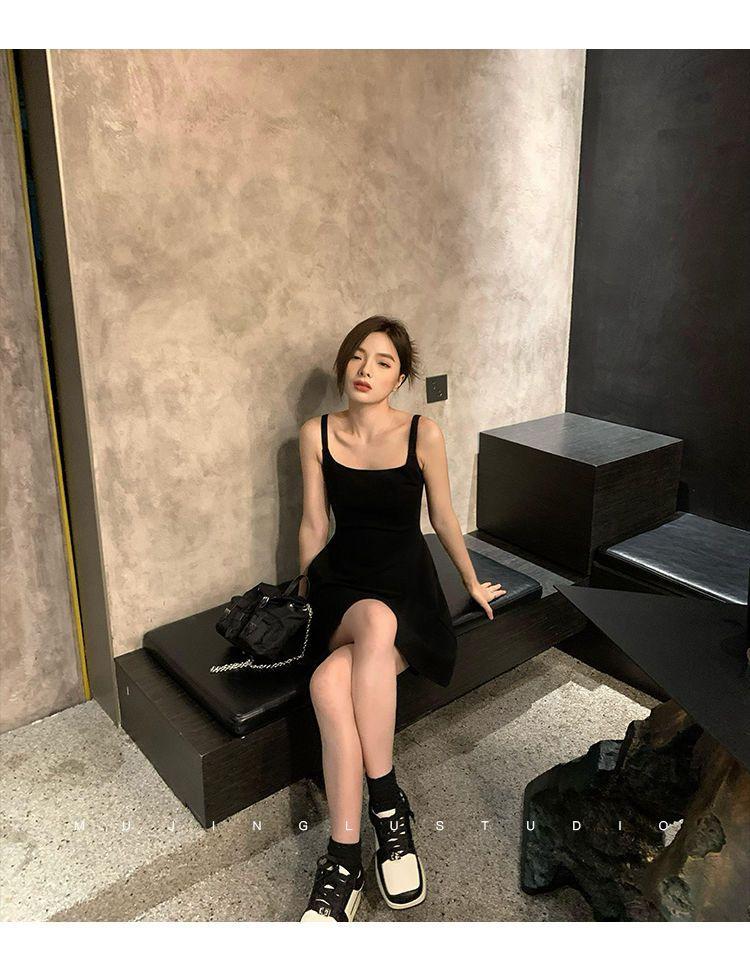 Product Introduction of Korean style sleeveless camisole black dress for women, fashion Retract your waist casual solid color A-line short skirt Summer 6