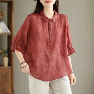 New Chic Jacquard Stand Collar Blouse Elegant Vintage Half Sleeve Shirt Women Lapel Tops