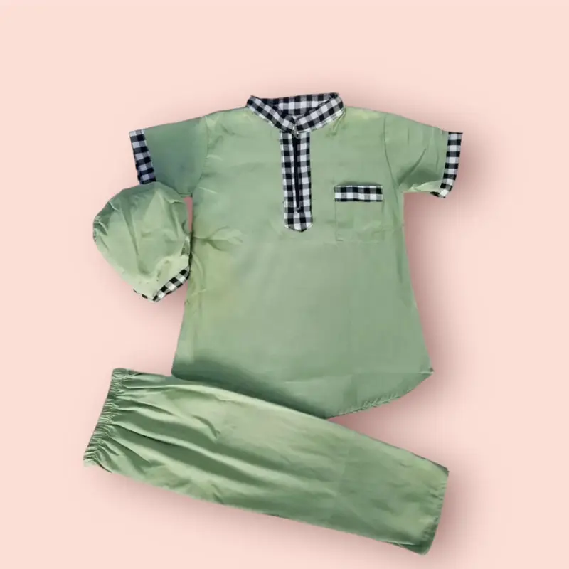 Setelan Baju Koko Anak 1-10 Tahun New Pakaian Muslim Cowok Motif List Kotak Turki Plus Peci Nyaman 5