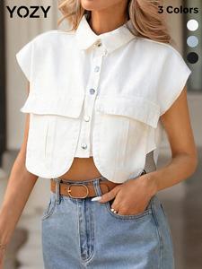 YOZY Button Front Pocket Crop Blouse/ Minimalist Casual Comfort Plain Batwing Sleeve Collared Shirts, 2024 Women's Summer Outfits for Daily Wear