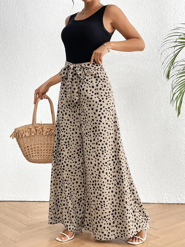 YOZY Polka Dot Print Zipper Back Wide Leg Pants, Elegant High Waist Belted Trousers, 2024 Women's All Seasons Outfits for Beach, Holiday, Vacation 8