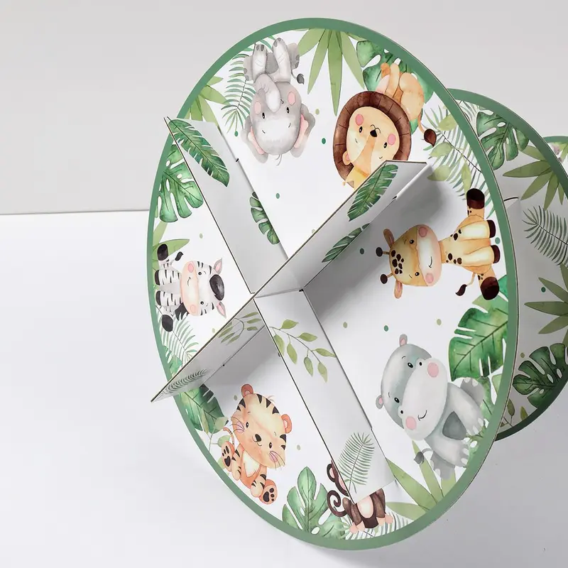 Cartoon Jungle Animal & Plant Pattern Cake Stand, 1 Count Round Cake Display Stand, Cake Decorating Supplies for Home Party Wedding 7