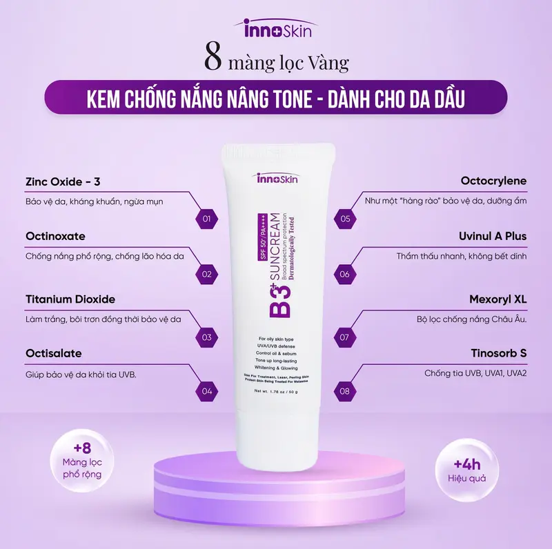 [RRR] [Innoskin] V11 - 1 tuýp kem chống nắng innoskin B3 tím (bản kiềm dầu) tặng 5 mask whitening Hàn Quốc 3