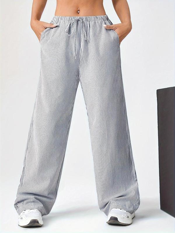 Women's Striped Print Drawstring Waist Straight Leg Pants, Casual Comfy Pocket Design Trousers for Daily Wear, Clothing, Ladies Bottoms for Summer 3