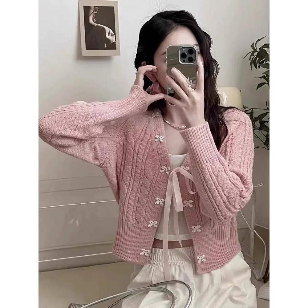 Áo khoác len Cardigan xoắn đính Nơ nhỏ xinh xắn, cổ chữ V phong cách Hàn Quốc T058 Nữ Women Top