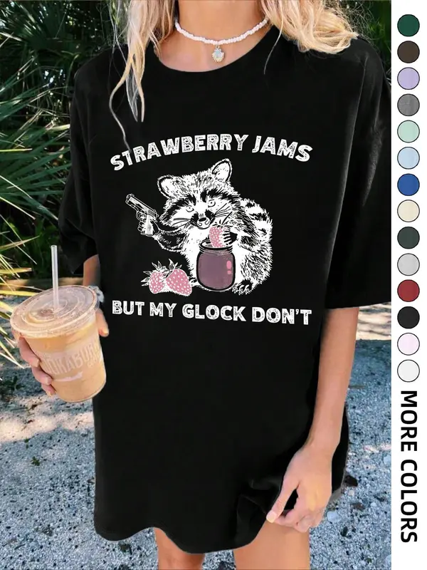 Women's Strawberry & Raccoon Print Round Neck Tee, Fashion Casual Drop Shoulder Short Sleeve T-shirt for Daily Wear, Ladies Summer Clothes,  T Shirts for Women 2