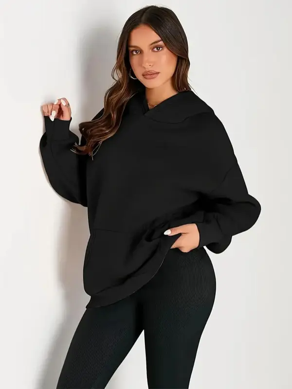 Women's Solid Color Kangaroo Pocket Hoodie, Casual Long Sleeve Hooded Sweatshirt for Fall & Winter, Yoga Hoodie, Women's Clothes for Daily Wear 0