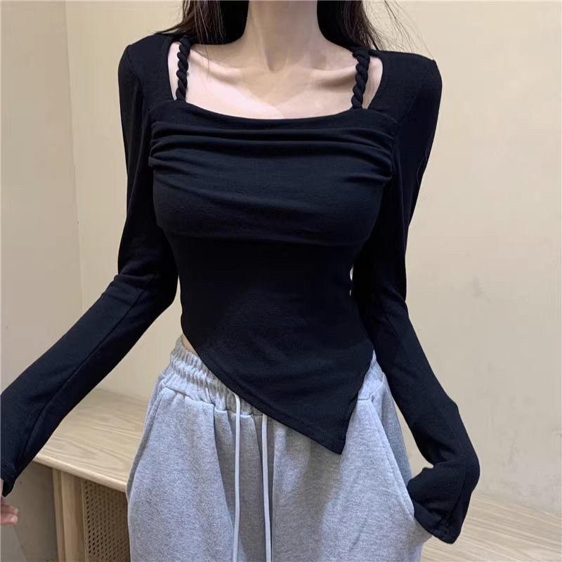 Áo thun body nữ dài tay cổ vuông dây đan vạt chéo hot hit vải nhuyễn tăm óng ánh, dễ mix đồ ôm dáng phong cách Hàn Quốc Top Sơ Mi Voi Shirt 3