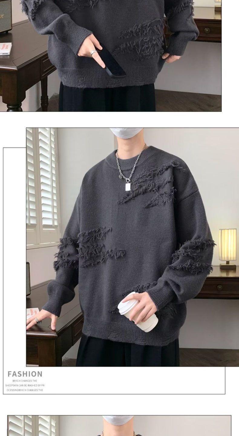 Product Introduction of Unique Round Neck Sweater Autumn Winter Trendy Brand Cool Loose Knitwear Men Japanese Retro Lazy Sweater Jacket Closed 22
