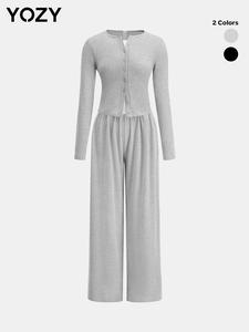 Yozy Women's 2 in 1 Button Front Decor Zipper Back Ribbed Jumpsuit, Casual Long Sleeve Round Neck Jumpsuit for Daily Wear, Ladies Clothes for All Seasons, Womenswear