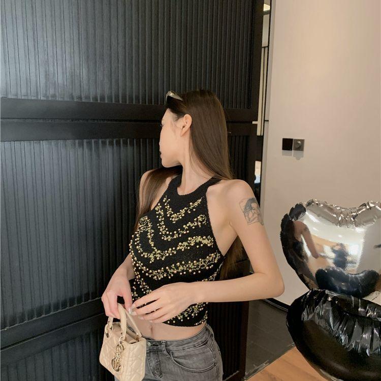Product Introduction of Áo Vest Cổ Yếm Đính Cườm Phong Cách Pháp, Dây Đeo Spaghetti Cổ Điển, Hàng Mới Về Mùa Hè Của Phụ Nữ, Thiết Kế Độc Đáo Có Thể Mặc Ngoài Trời, Áo Ngắn Dệt Kim Cô Gái Nóng Bỏng Top Women 7