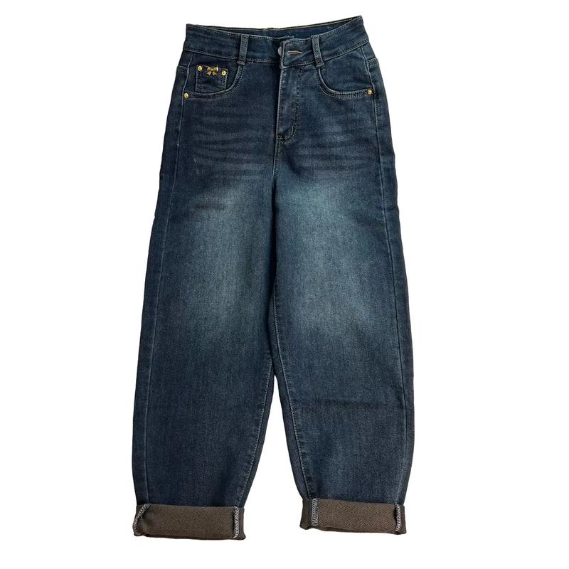  Quần Jeans Baggy Nữ Co Giãn Phối Nơ Cạp Cao Dáng Ôm Vừa Chân Màu Xanh Đen Dài 93cm  6134  - Women Pants Có Túi Denim 
