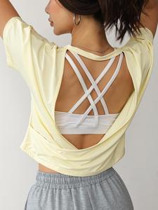 Camiseta deportiva con espalda cruzada sólida para mujer, camiseta deportiva transpirable de secado rápido, ropa deportiva para mujer para gimnasio, entrenamiento, yoga