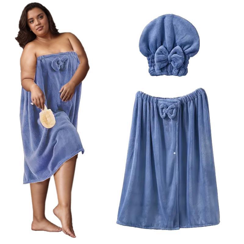 Plus Size Bathrobe & Shower Cap Set, 2 Counts/set Soft Striped Polyester Spa Towel Wrap, Woven Bathrobe & Shower Cap for Home, Travel, Sauna, Fitness, Bathroom, Pool, Bathing Robe 7