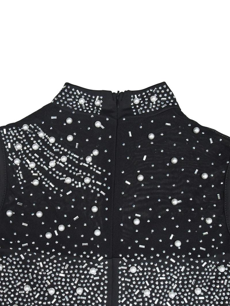 Product Introduction of Women's Rhinestone Decor Sheer Mesh Jumpsuit, Elegant Mock Neck Sleeveless Jumpsuit for Party Club Dating, Women's Clothing for Fall 9