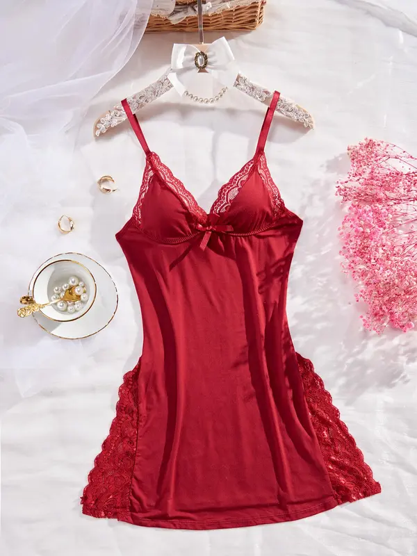 Plus Size Solid Color Lace Trim Split Thigh Design Cami Nightdress, Soft Comfortable Nightgown for Women, Women's Sleepwear for All Seasons 5