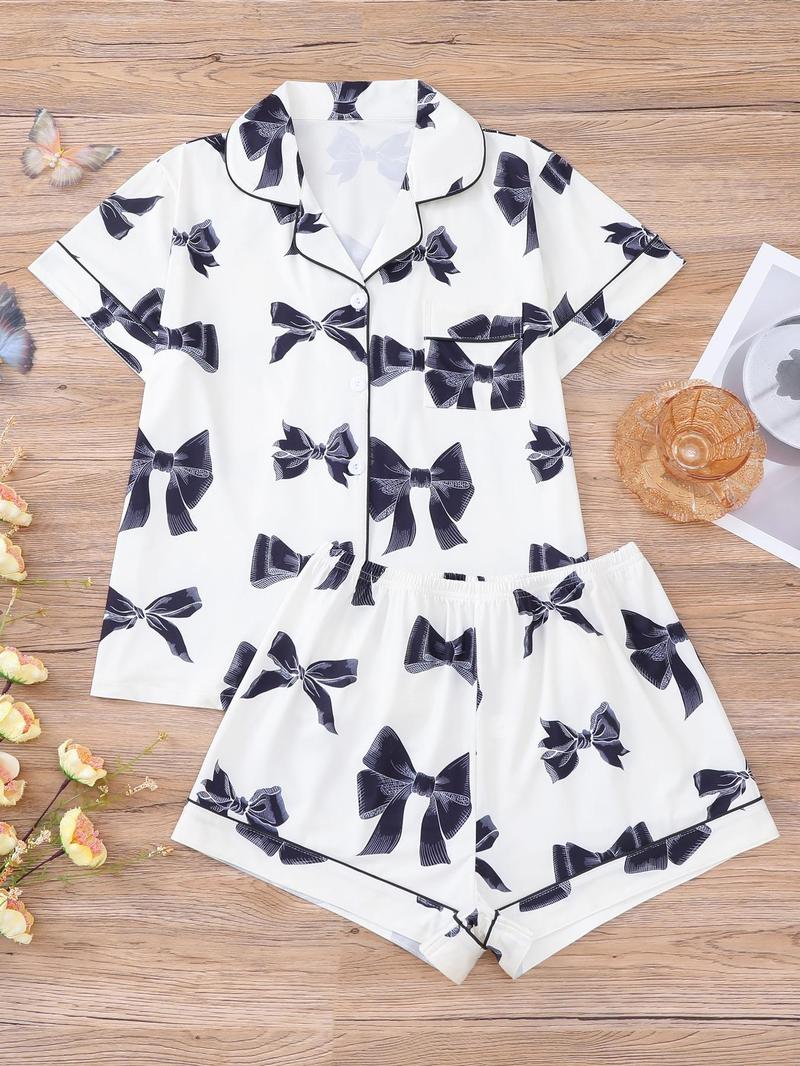 Product Introduction of Two-piece Set Women's All Over Bow Print Pocket Button Front Shirt & Bow Decor Shorts Pyjama, Casual Comfy Short Sleeve Lapel Top & Elastic Waist Shorts Pj Set, Ladies Summer Sleepwear, Summer Friday Set, Sleep Sets, Pajamas 9