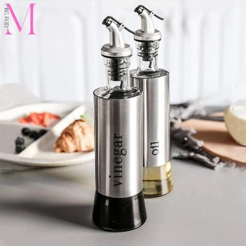 300ml bottle clear glass sauce oil dispenser stainless steel jar olive cruet cooking wine leakproof Kitchen Utensils Tin Canister