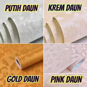 Wallpaper Dinding Kamar Tidur Ruang Tamu Wallpaper Sticker Dinding Polos Kuning Gold  Bertektur Daun Ukuran 10M X 45CM Kertas Tembok
