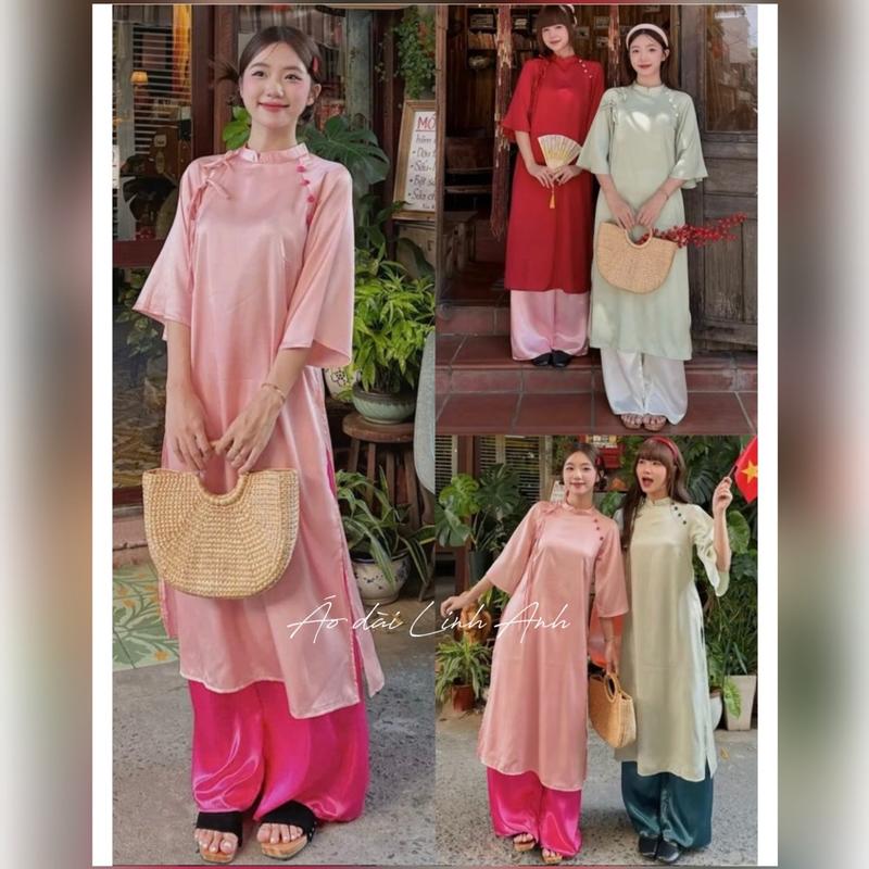 Linh Anh- có BIGSIZE- Áo dài lụa Vân Du ngọc trai cách tân đính cúc bọc vải phối nơ sang chảnh- áo dài Tết 2026