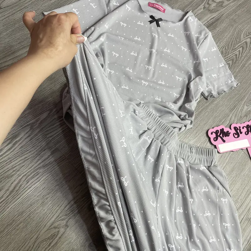 (Mua 1 tặng 5)80.737 SET BỘ ĐỒ ÁO TAY NGẮN VIỀN LAY BÈO IN MÈO KITTY QUẦN ĐÙI XÒE. thun gân tăm lạnh Nữ Women Top 2