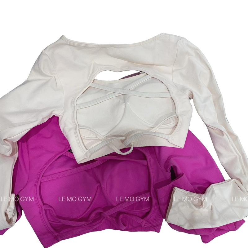 Áo Gym, Yoga Dài Tay Dây Đan Lưng Tập Gym Top Cổ Tròn Áo Thun Tập Aerobic