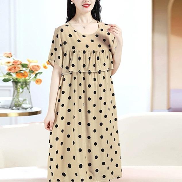 Strictly Selected Printed Artificial Cotton Nightdress Women's Summer High-Grade Ice Silk Skirt Thin Short Sleeve Pajamas plus Size A- line Dress 3