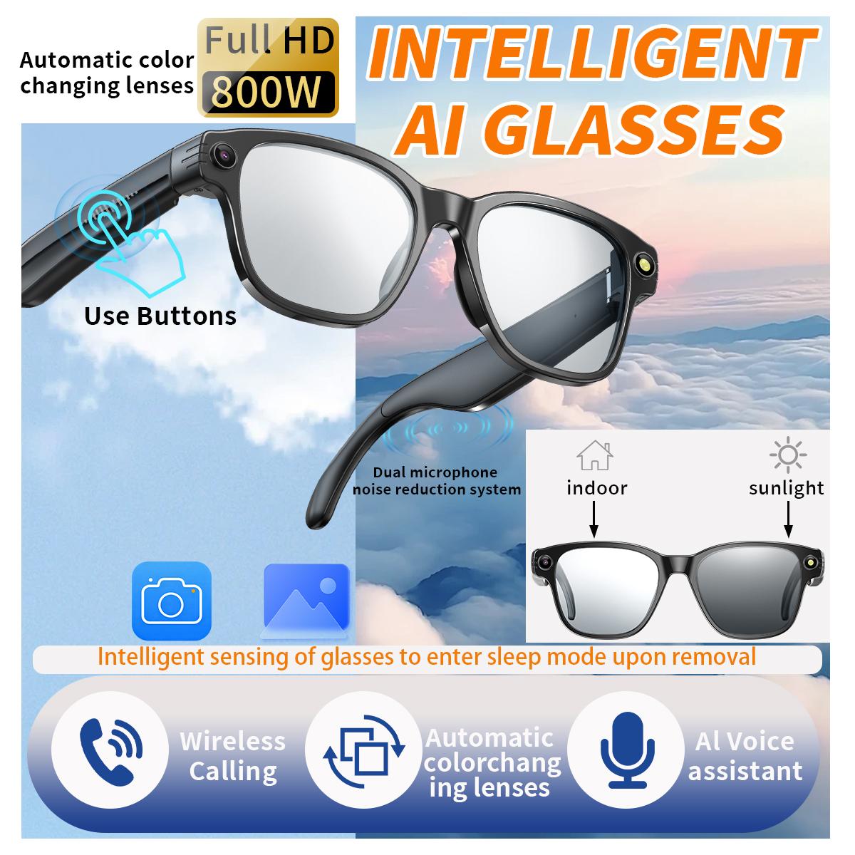 Bluetooth Smart Glasses 8MP Camera Glasses Anti-shake 1200P HD Video Record Music Play Voice Call Glasses Translation AI Glasses