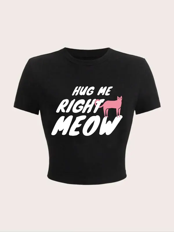 Women's Cartoon Cat & Letter Print Round Neck Crop Tee, Fashion Casual Crew Neck T-shirt for Daily Holiday Vacation Outdoor Wear, Ladies Clothes for All Seasons 0