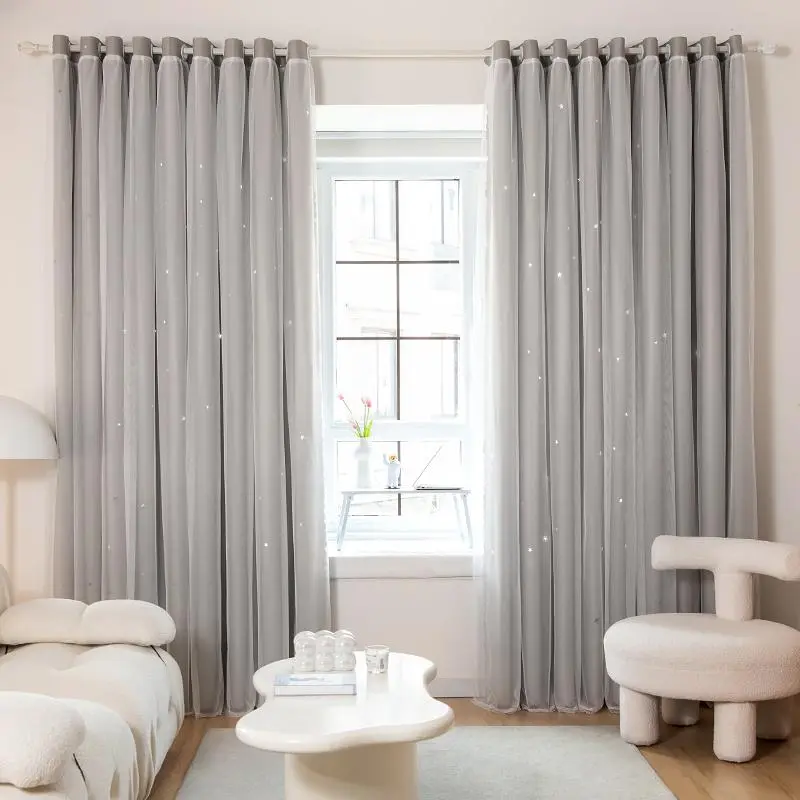 Double Layer Hollow Out Star Pattern Curtain, 1 Count Modern Polyester Single Panel Window Curtain For Home Living Room Bedroom