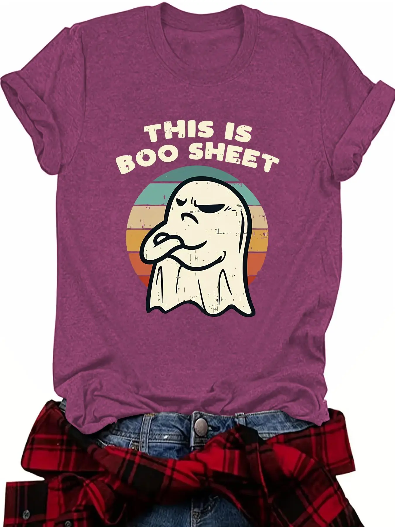 Women's Cartoon Ghost & Letter Print Round Neck Tee, Fashion Casual Crew Neck T-Shirt for Daily Holiday Vacation Outdoor Wear, Ladies Clothes for Summer