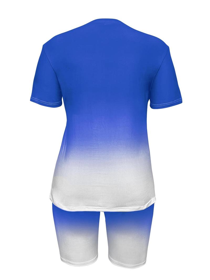 Product Introduction of 【Plus Size】 Ombre Print Tee & Shorts Two-piece Set, Casual Round Neck Short Sleeve T-shirt & Shorts, Women's Two-piece for Spring & Fall, Womenswear 8