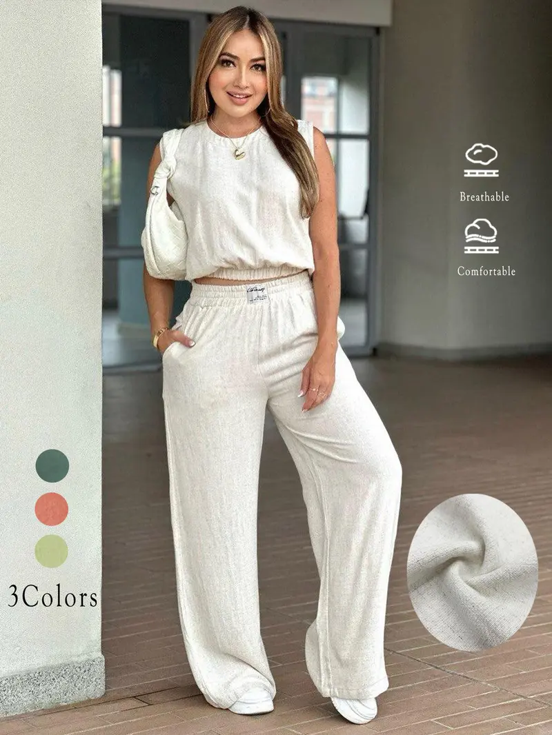 Product Introduction of Women's Solid Color Tank Top & Wide Leg Pants Set, Casual Fashion Cozy Breathable Two-piece Set  for Daily Outdoor Wear, Ladies Clothes for Summer, Suits, Womenswear, Trouser 1