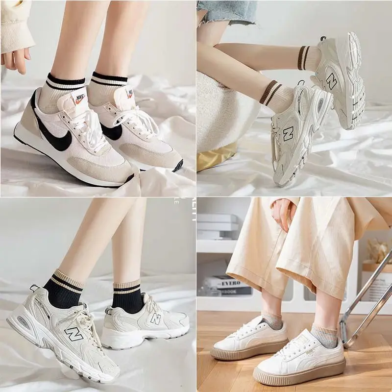Kaos kaki katun pendek semata kaki pantofel loafers cotton elastis untuk anak sd remaja pria Wanita motif garis elegan warna coklat cream coksu polos lucu aesthetic 5