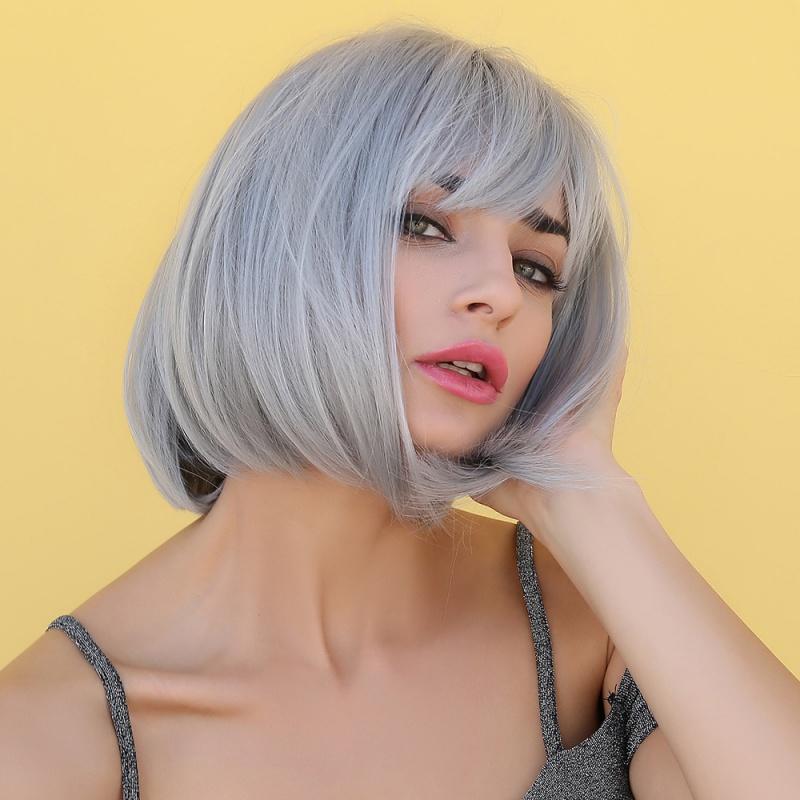 Product Introduction of Dark brown Short Bob hair wigs with bangs Synthetic wig 7